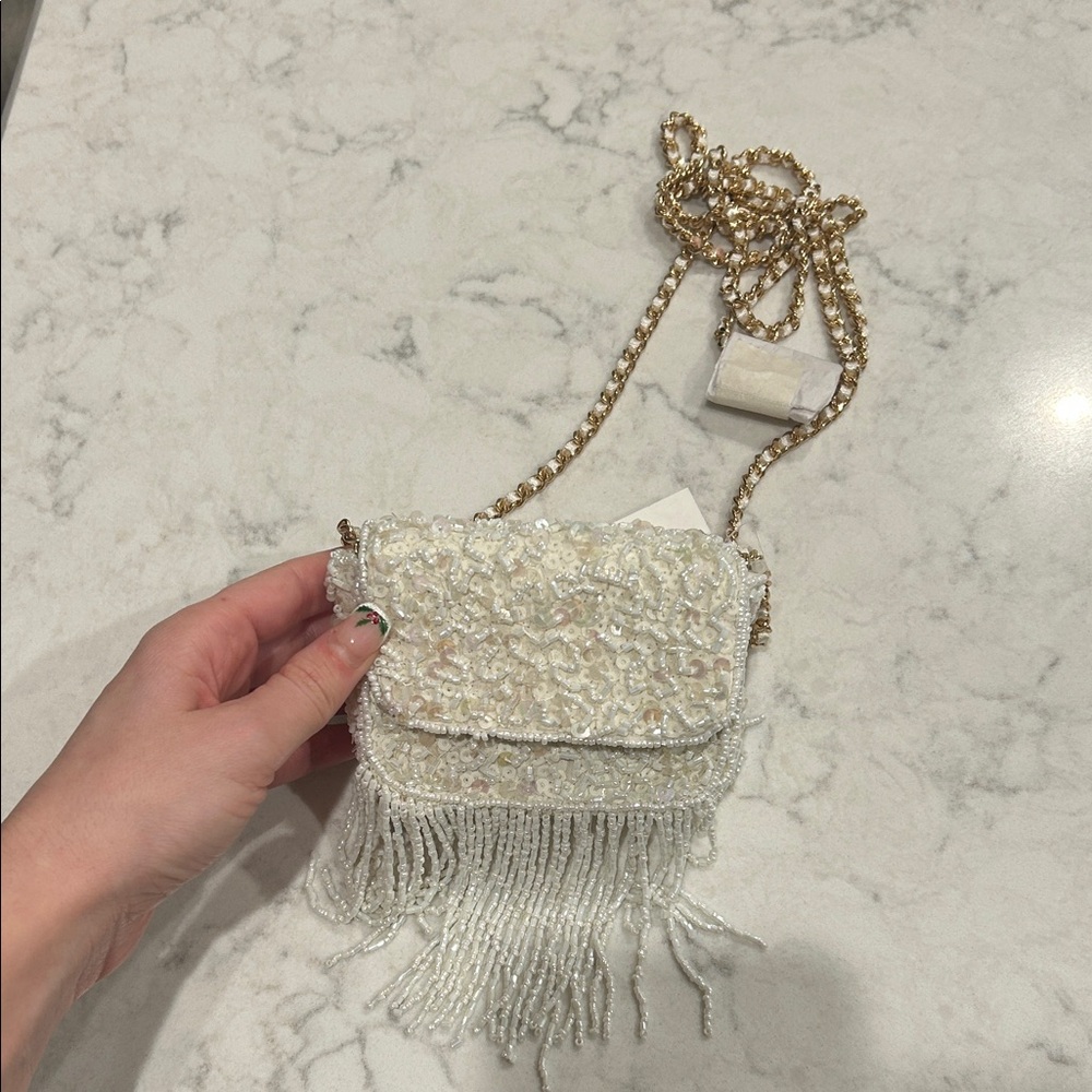 Elegant White Beaded Fringe Bag
